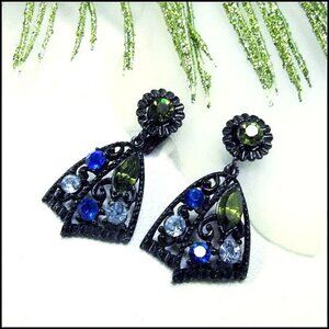 Florenza 1950s Vintage Clip Earrings Blue Green Japanned Jewels #16011